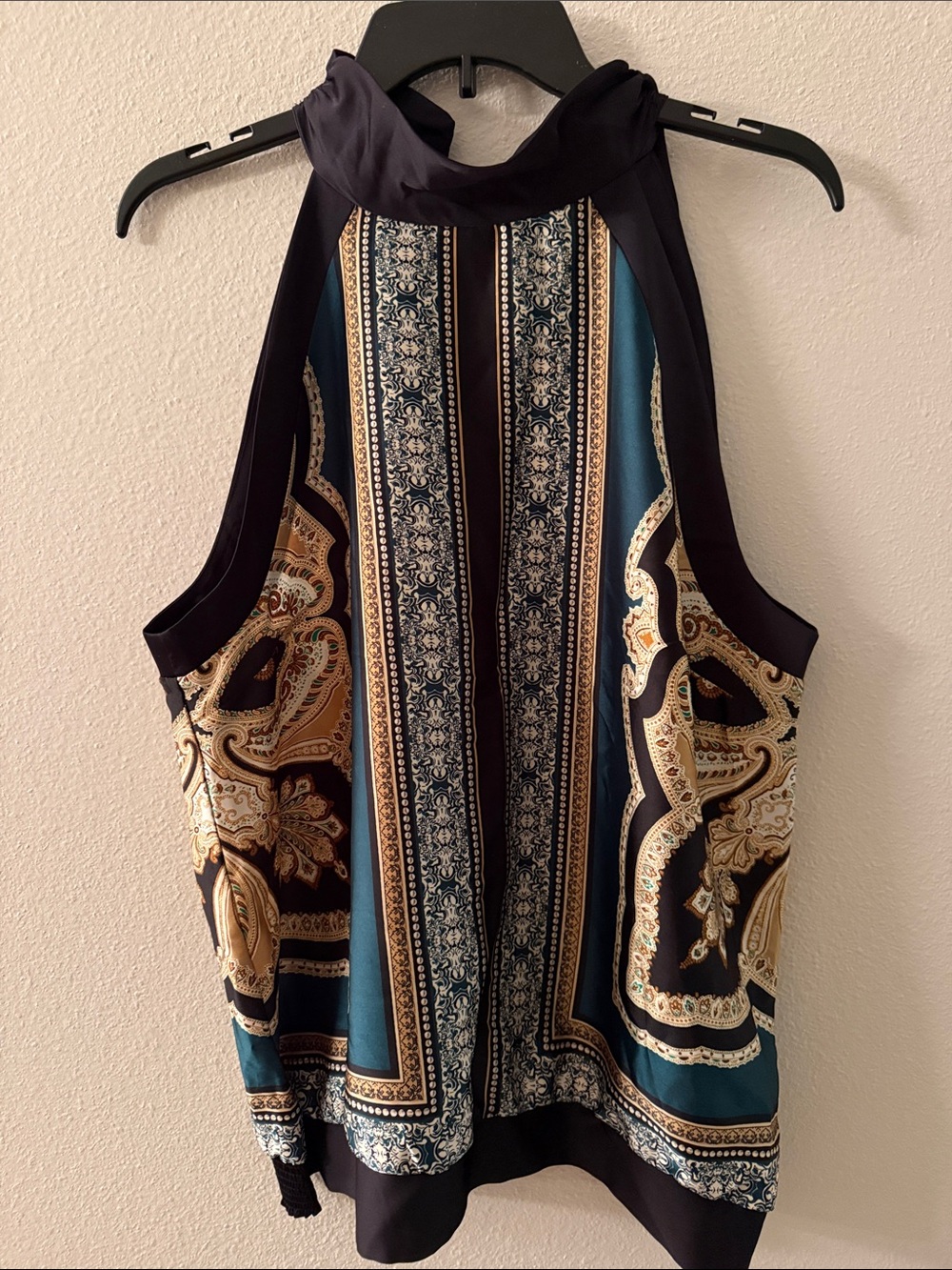 New York & Company Teal, Black and Gold Paisley Mock Neck Camisole